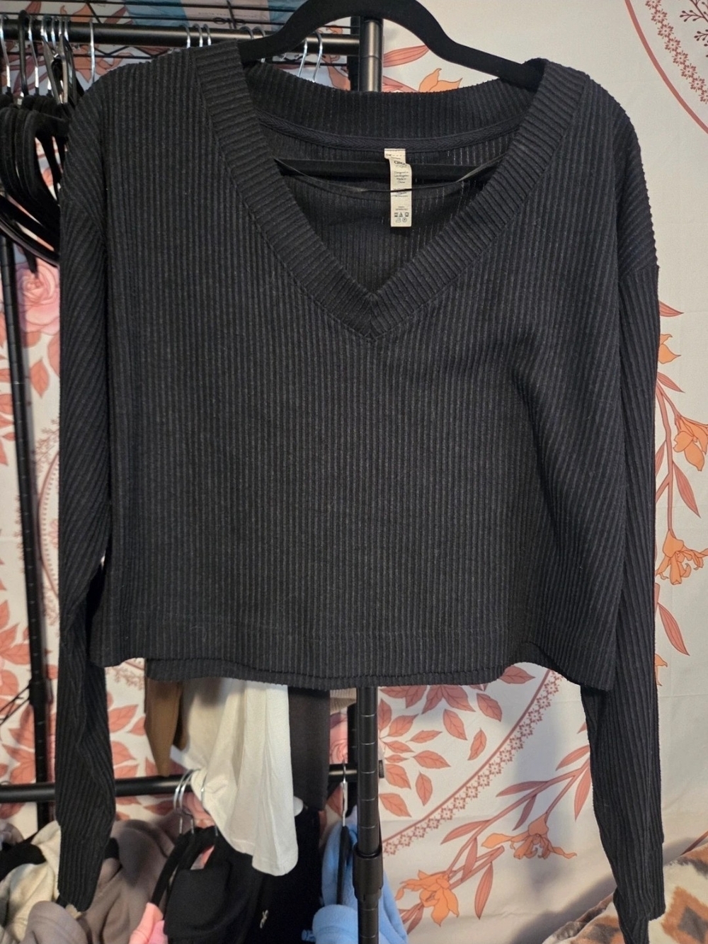 ALO Yoga Black Ribbed V-Neck Cropped Long Sleeve Top
